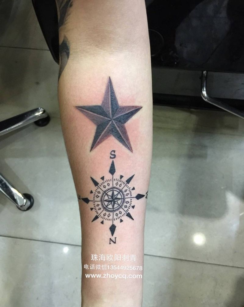 指南针纹身图片_成品手部欧美几何纹身图案