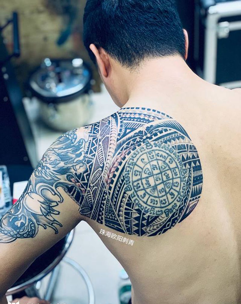 玛雅花臂纹身图片_背部手臂纹身图案