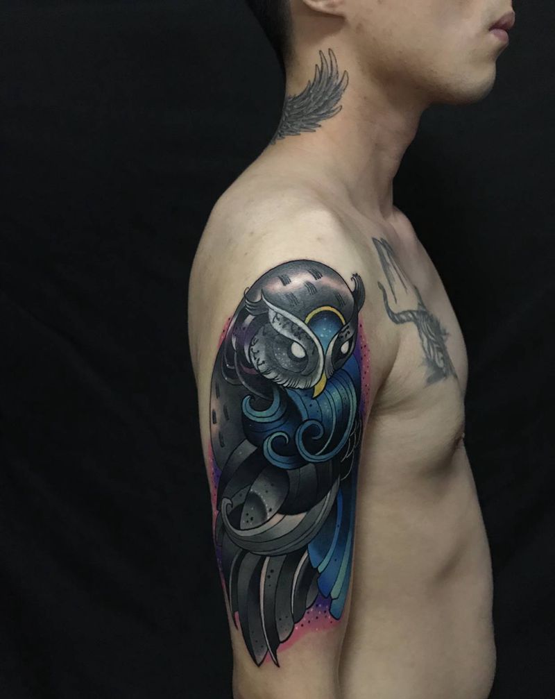 暴力遮盖老旧图腾纹身图片_手臂New School猫头鹰遮盖纹身图案