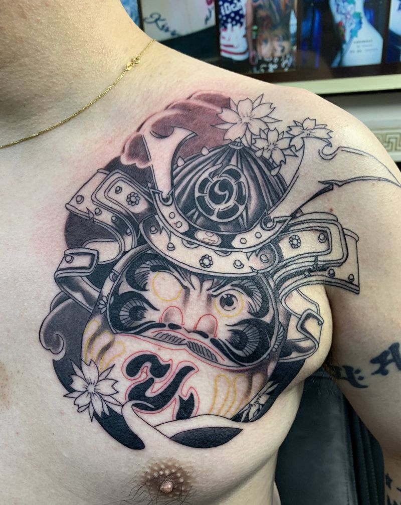 半甲花臂 达摩武士纹身图片_胸部手臂纹身图案