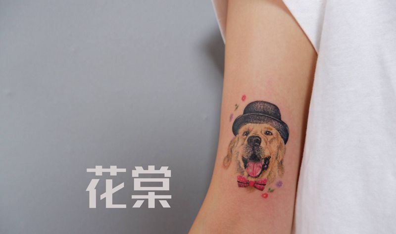 写实金毛狗狗纹身图片_手臂欧美写实纹身图案