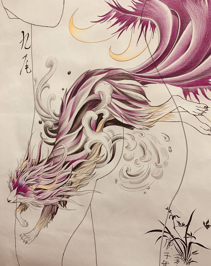 九尾狐纹身图片_腰部纹身图案