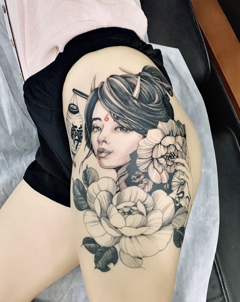 艺妓纹身图片_腿部纹身图案