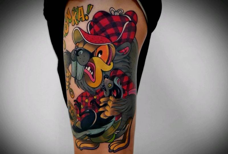 school纹身图片_腿部New School纹身图案