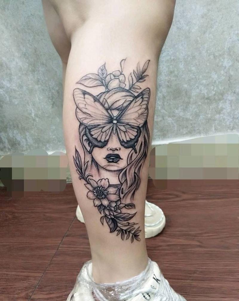 素花纹身图片_腿部肩部新传统纹身图案