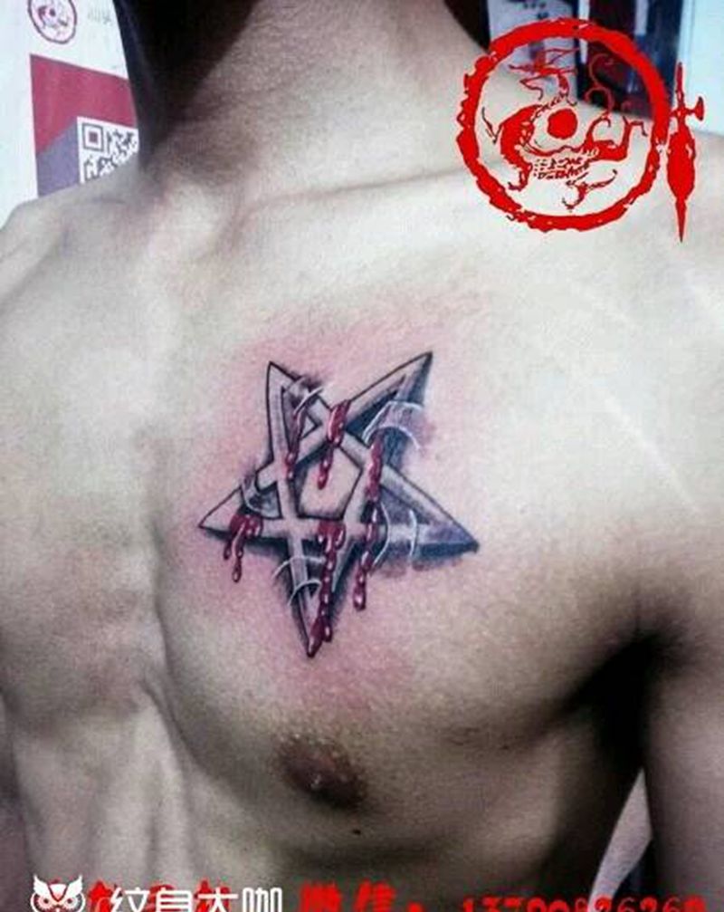 五角星纹身图片_胸部欧美几何成品纹身图案