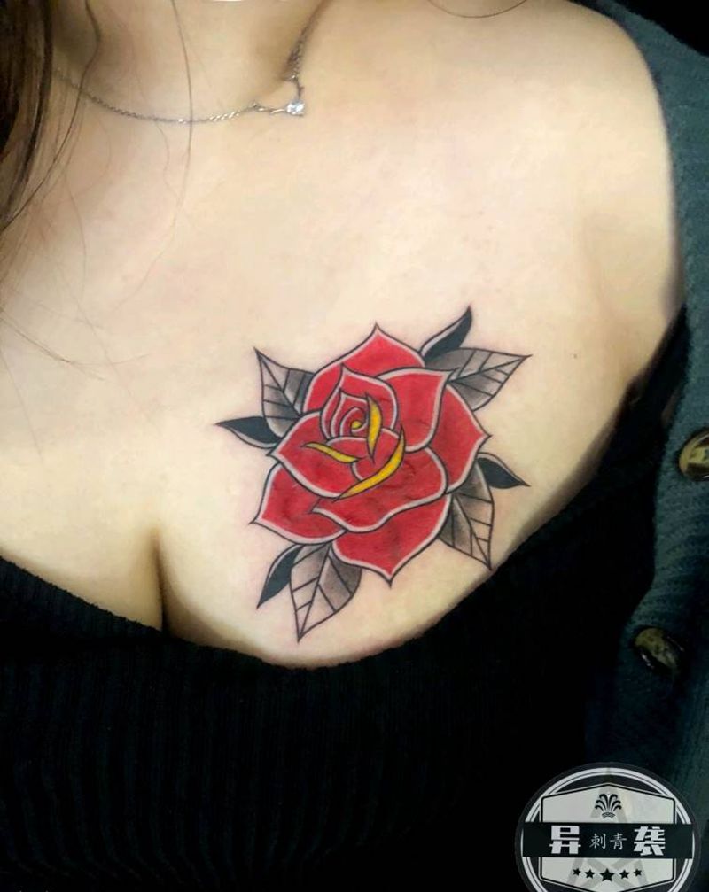 玫瑰.遮盖纹身图片_胸部Old School纹身图案
