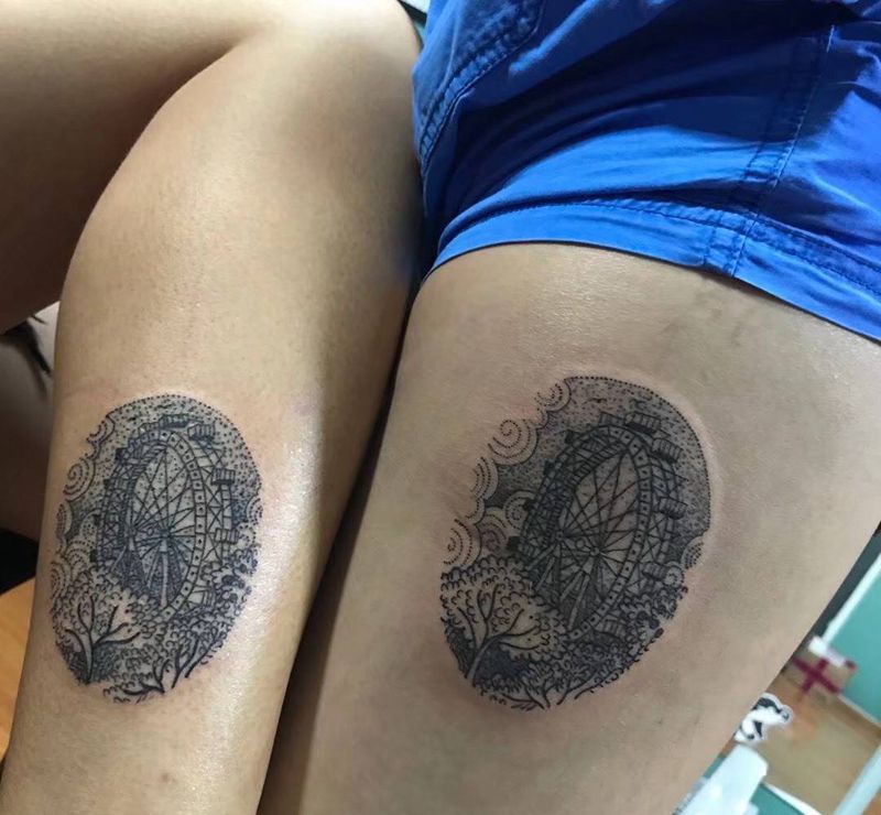 情侣刺青纹身图片_腿部点刺几何纹身图案