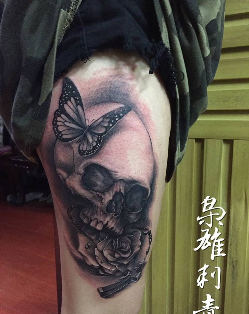 【骷髅】纹身图片_成品腿部传统鬼神纹身图案
