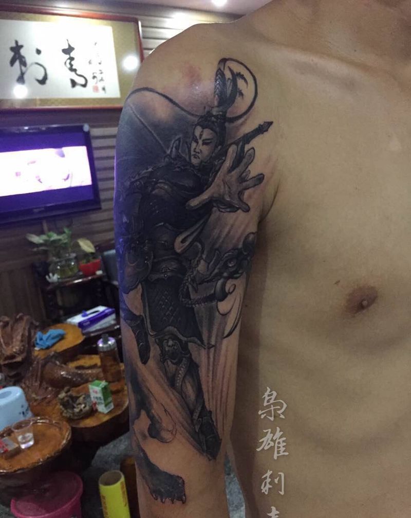 二狼神纹身图片_成品手臂传统人物纹身图案