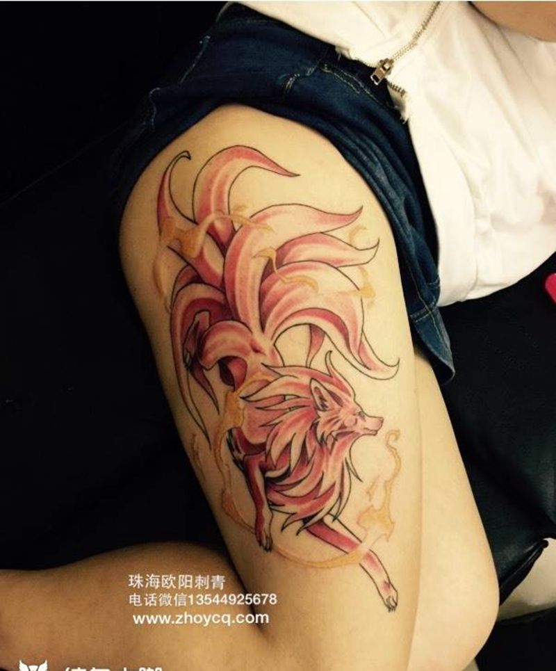 九尾狐纹身图片_成品腿部动物纹身图案