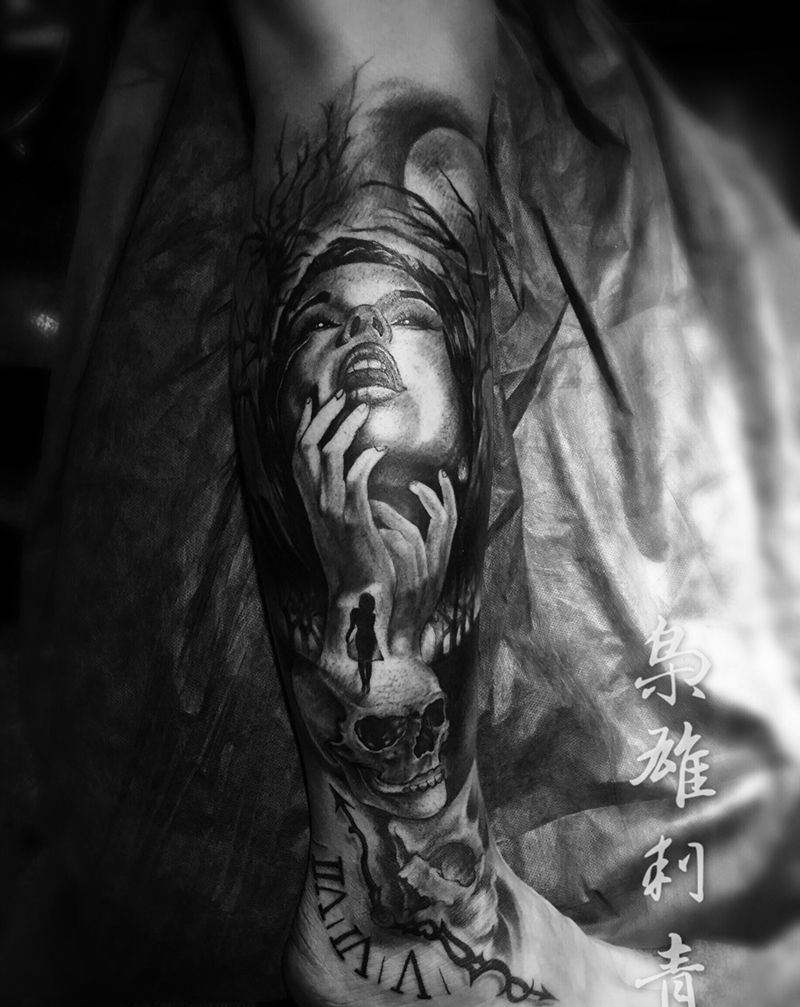 红粉骷髅纹身图片_成品腿部欧美人物纹身图案