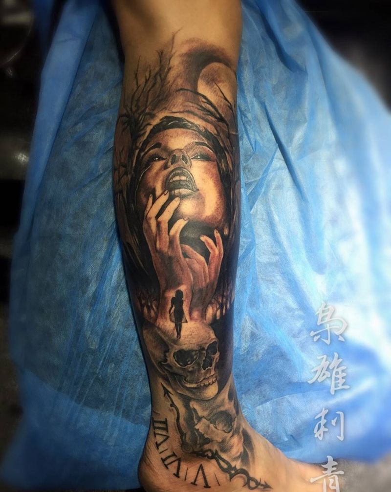 红粉骷髅纹身图片_成品脚部欧美人物纹身图案