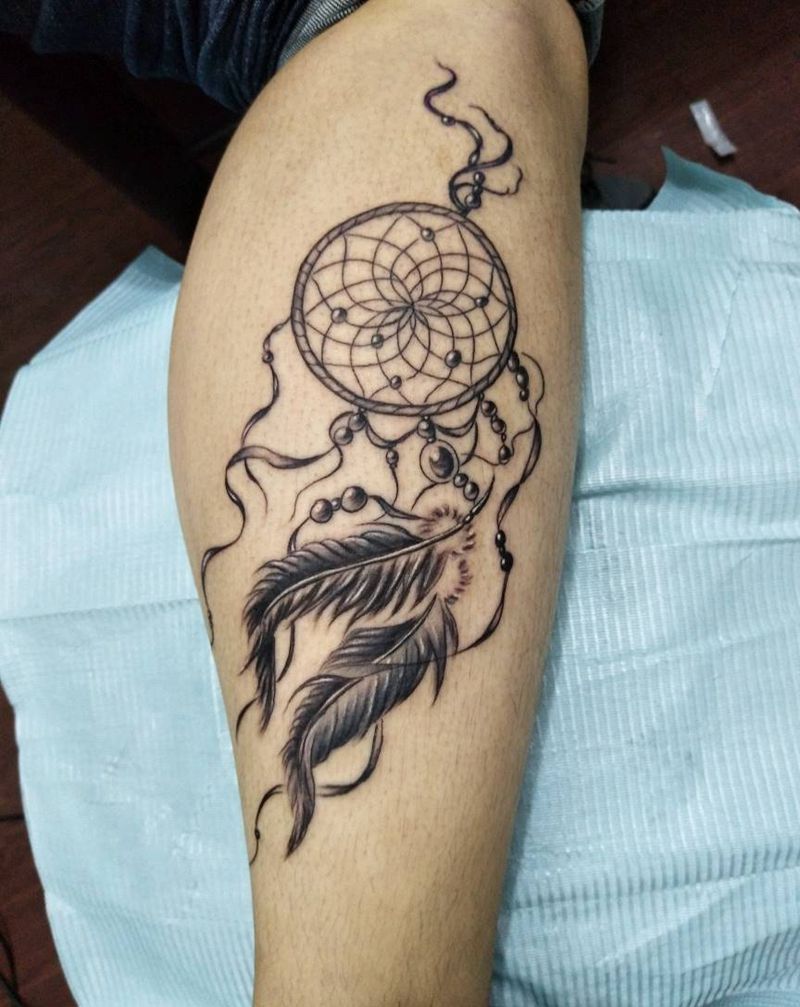 小腿捕梦网纹身图片