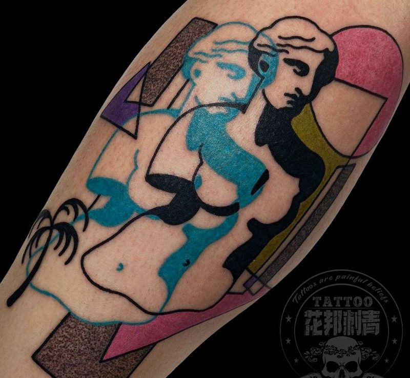 艺术叠纹身图片_腿部新传统艺术纹身图案