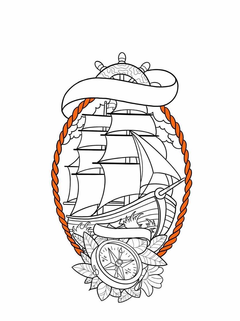 帆船搭配指南针纹身图片_腿部脚部Old School纹身图案