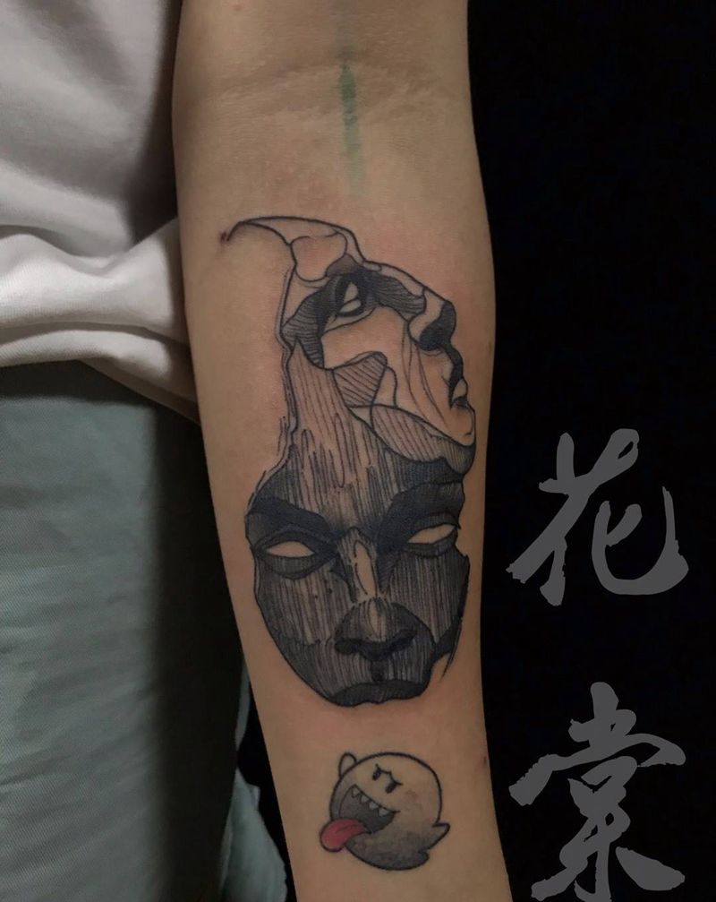 草稿风格纹身图片_手臂腿部几何欧美写实面具线条纹身图案