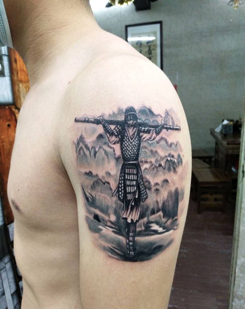 至尊宝纹身图片_肩部手臂老传统水彩纹身图案