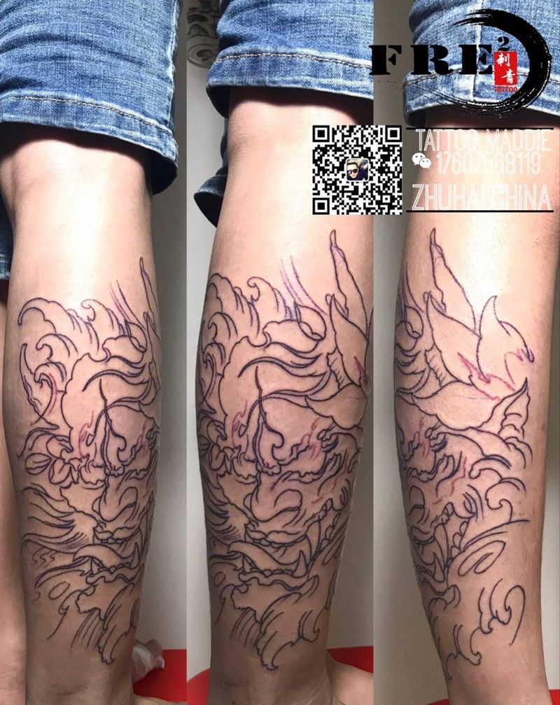 鲤鱼，般诺线条，未完成纹身图片