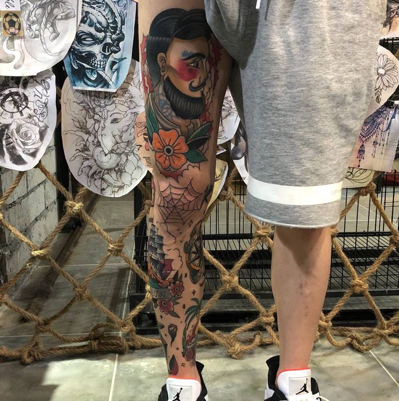 old school花腿未完纹身图片