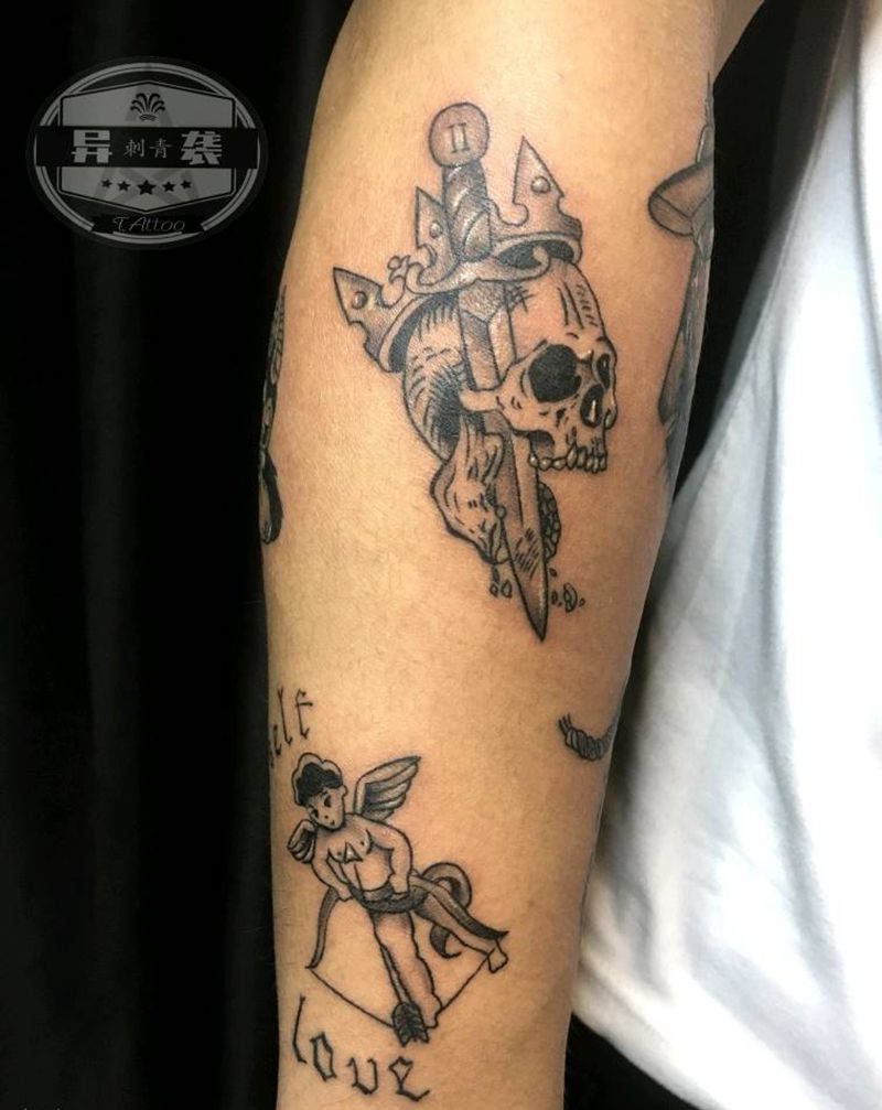 拼接花臂纹身图片_手臂Old School纹身图案