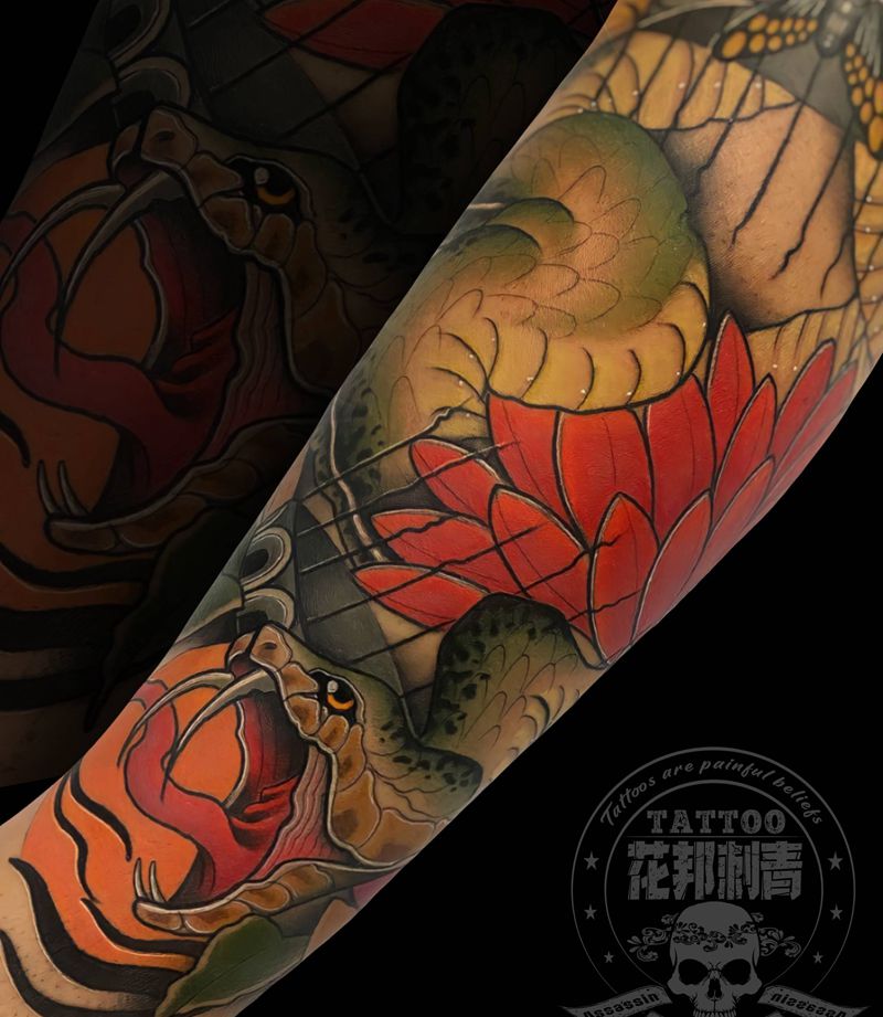 【捕食者～鸣】纹身图片_腿部脚部新传统水彩蛇虫彩色纹身图案