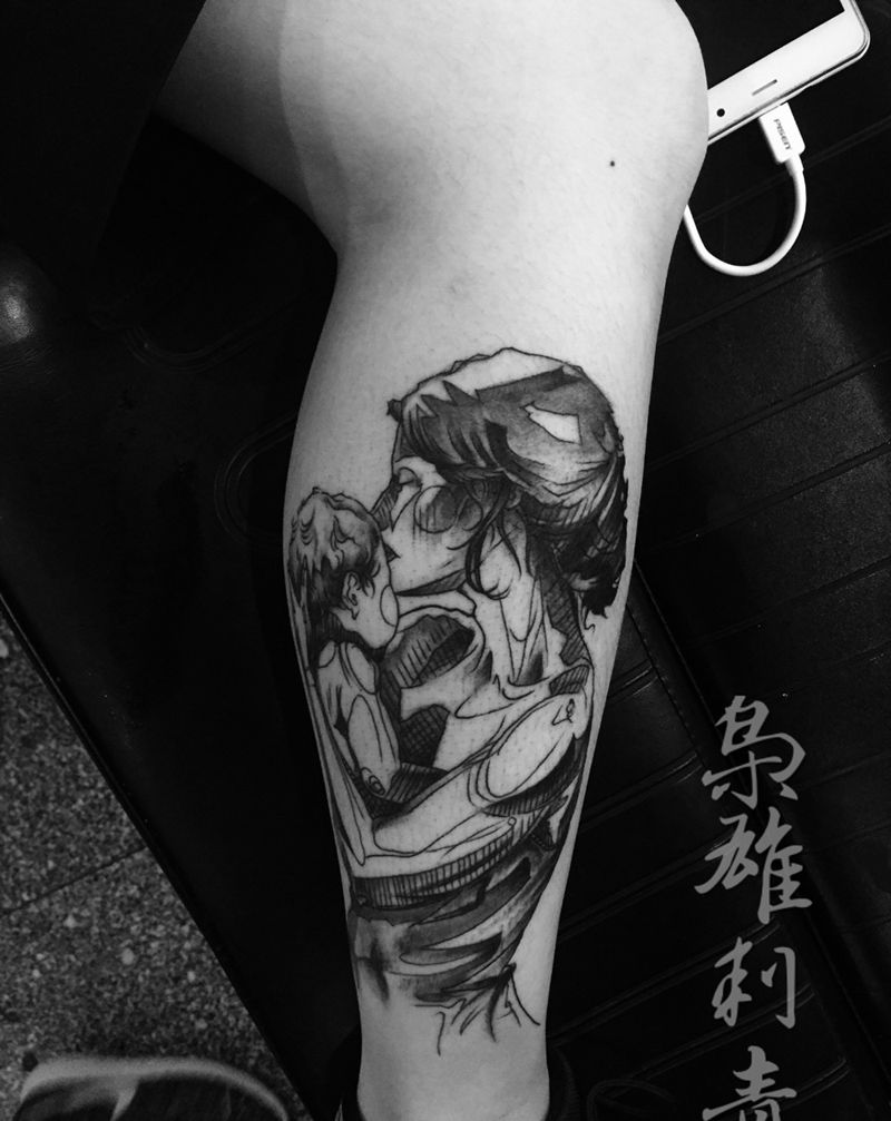 【素描】纹身图片_成品腿部肖像人物纹身图案