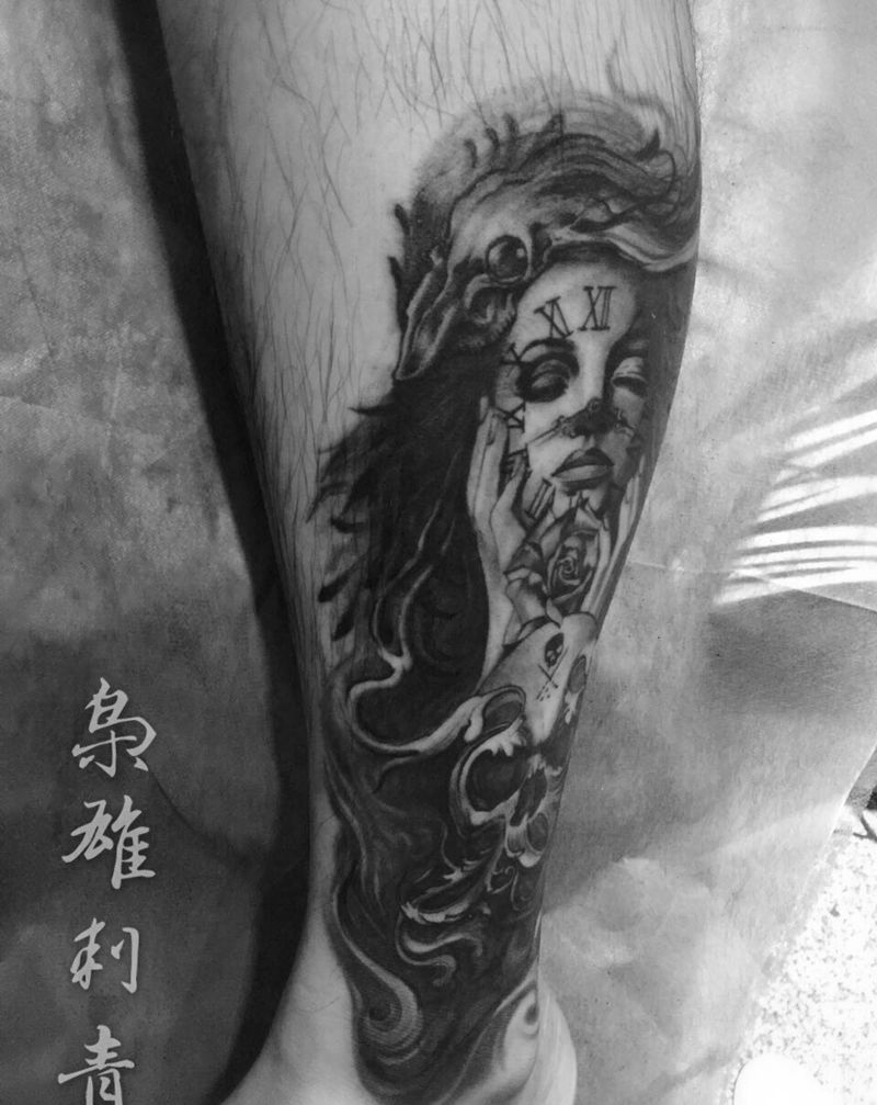骷髅与生命（遮盖）纹身图片_成品腿部欧美写实肖像人物鬼神纹身图案