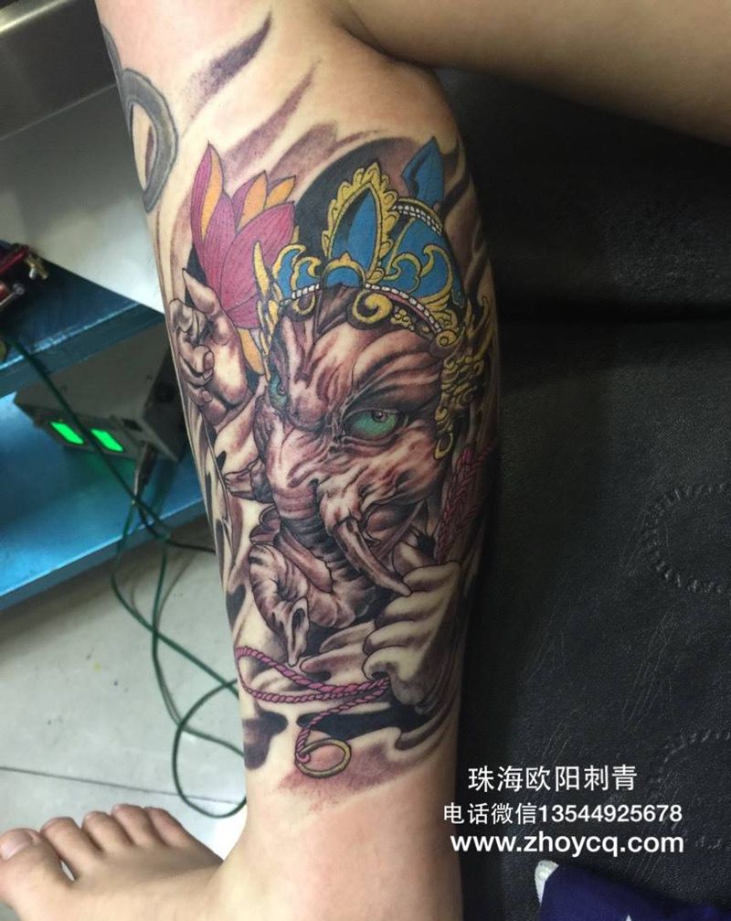 象神纹身图片_成品腿部传统宗教纹身图案