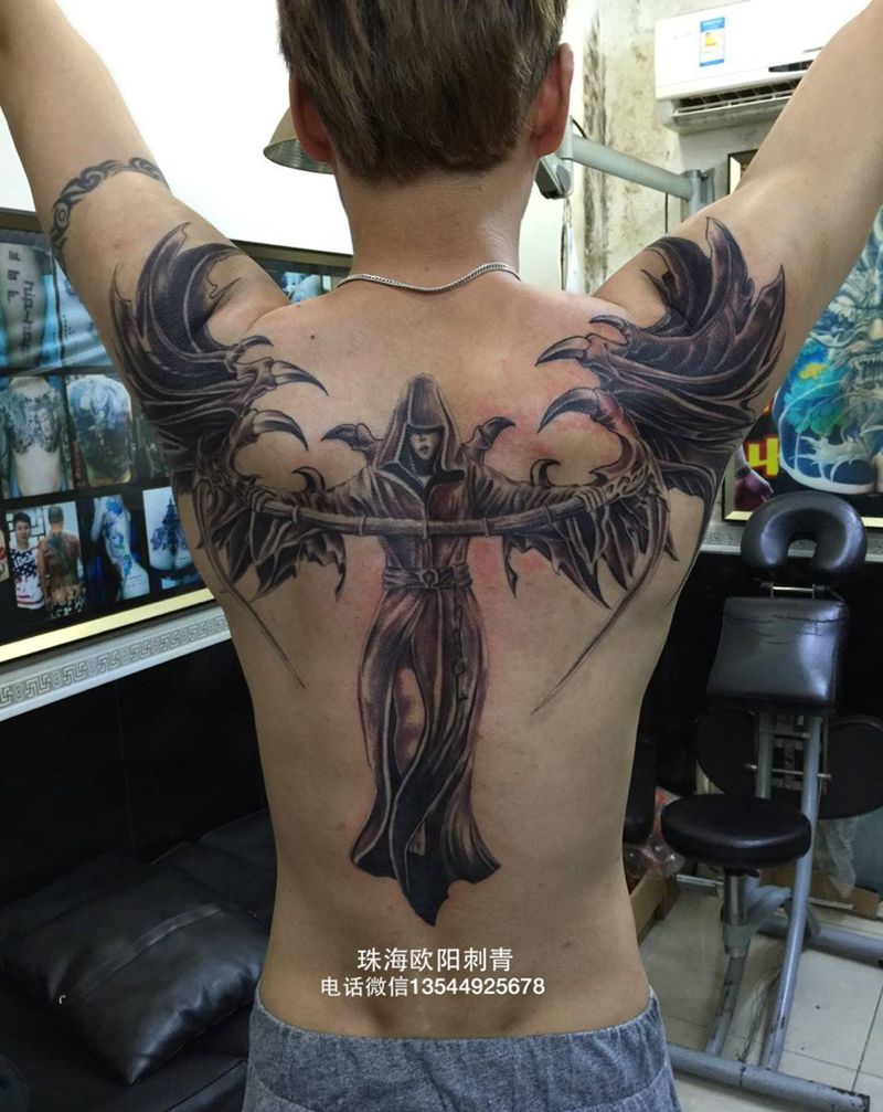 死亡天使纹身图片_成品背部写实鬼神纹身图案
