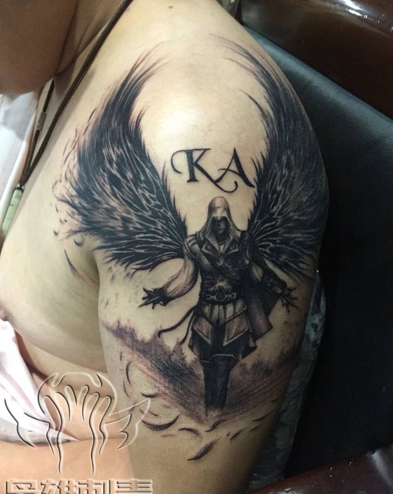 【黑翼天使】纹身图片_成品手臂手部传统欧美写实人物天使纹身图案