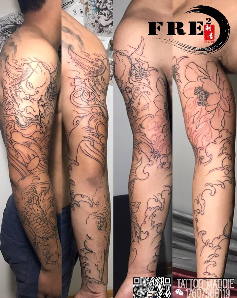 花臂线条，未完纹身图片
