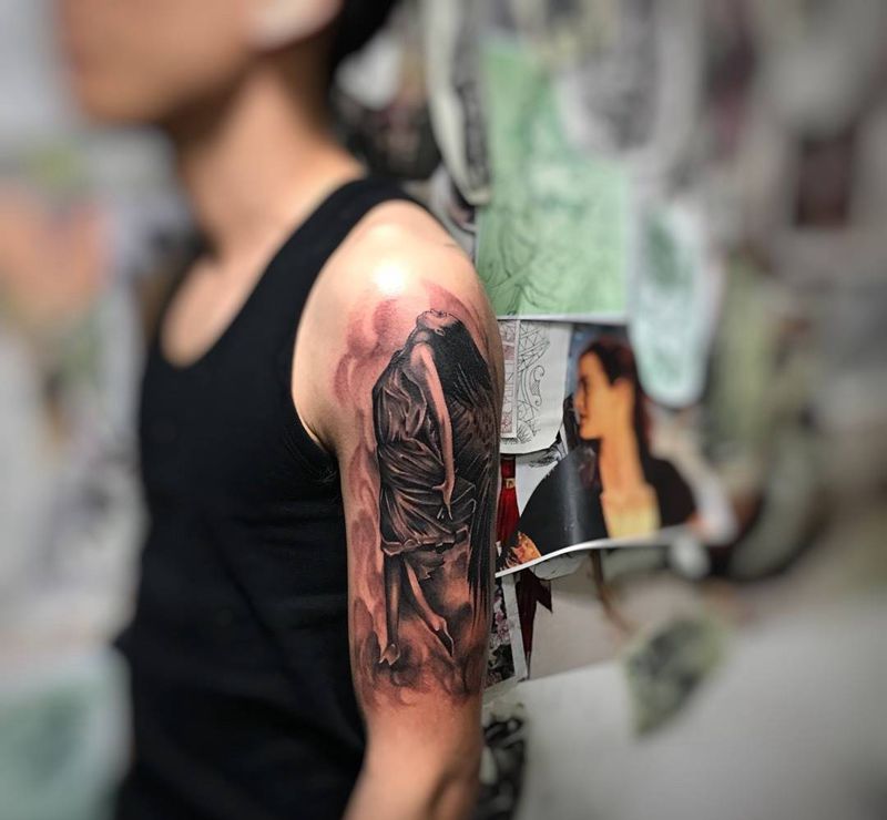 天使纹身图片_成品手臂欧美鬼神人物纹身图案
