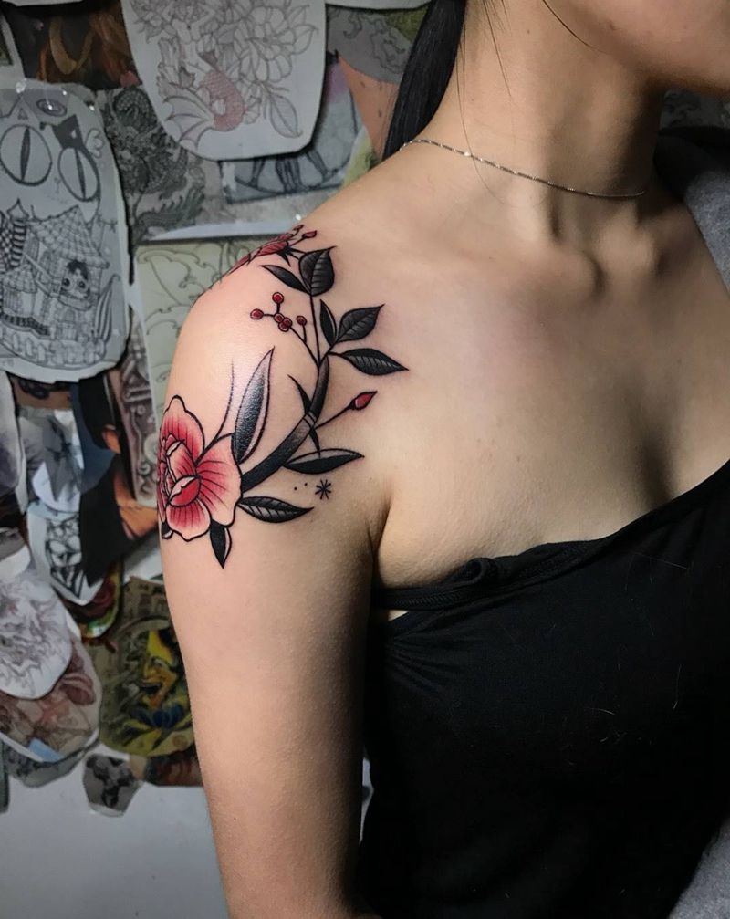 肩花环纹身图片_成品肩部欧美植物清新纹身图案