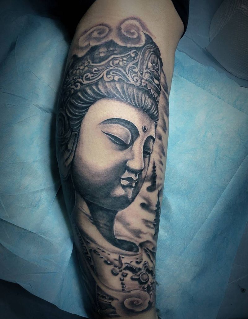 普贤菩萨纹身图片_腿部新传统纹身图案