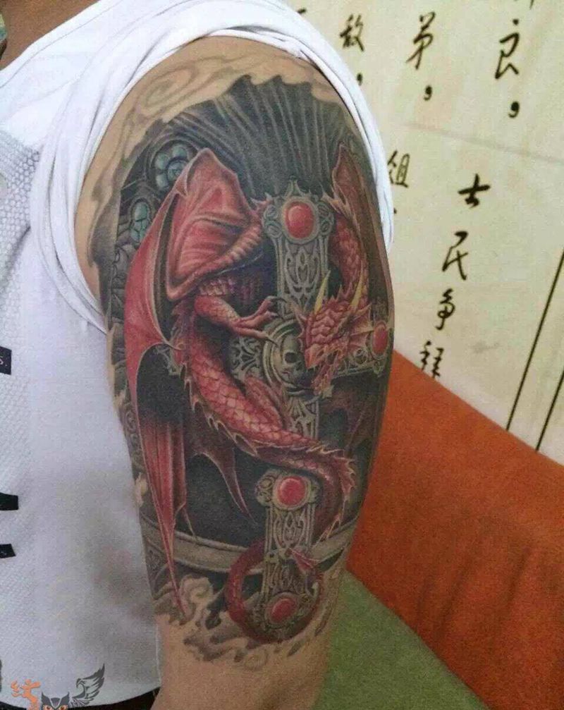 欧美龙纹身图片_欧美动物手臂纹身图案