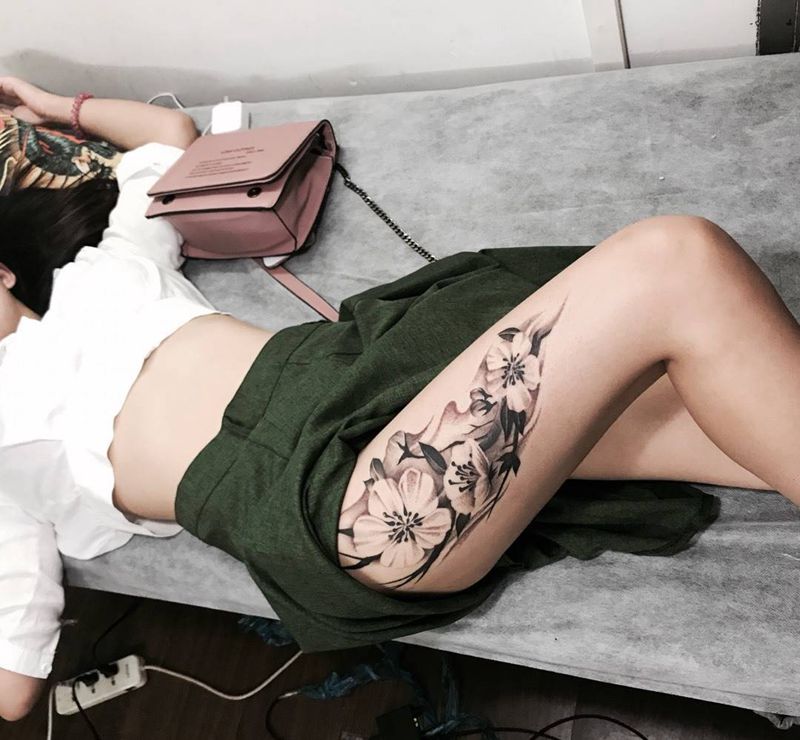 花腿，腿花纹身图片_成品腿部清新植物纹身图案
