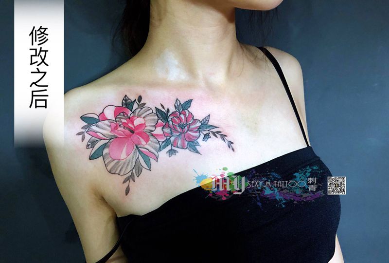 修改插图清新素花纹身图片_胸部纹身图案