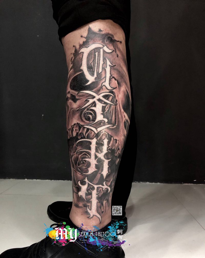 黑灰奇卡诺骷髅纹身图片_腿部欧美写实纹身图案