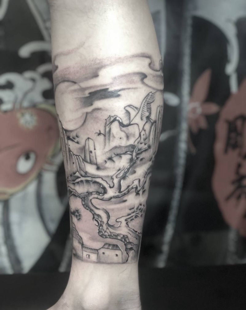 鹤纹身图片_腿部纹身图案