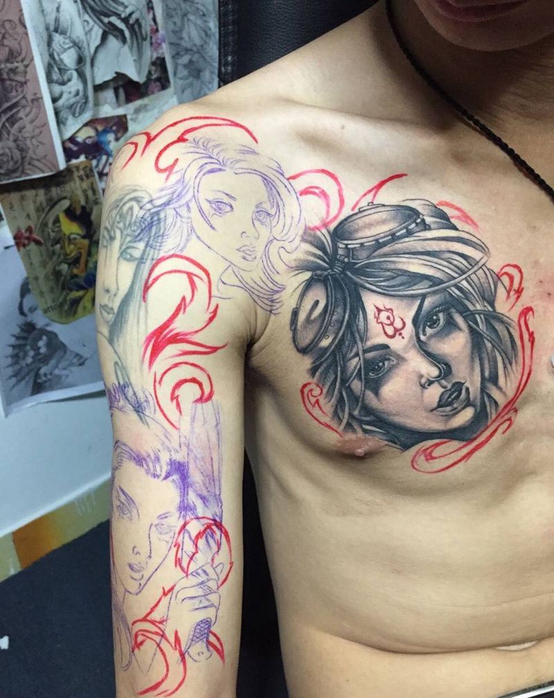 美女纹身图片_成品胸部手臂欧美人物纹身图案