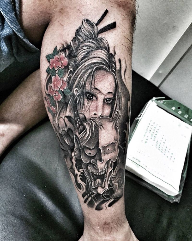 般若歌姬纹身图片_成品腿部传统鬼神人物纹身图案