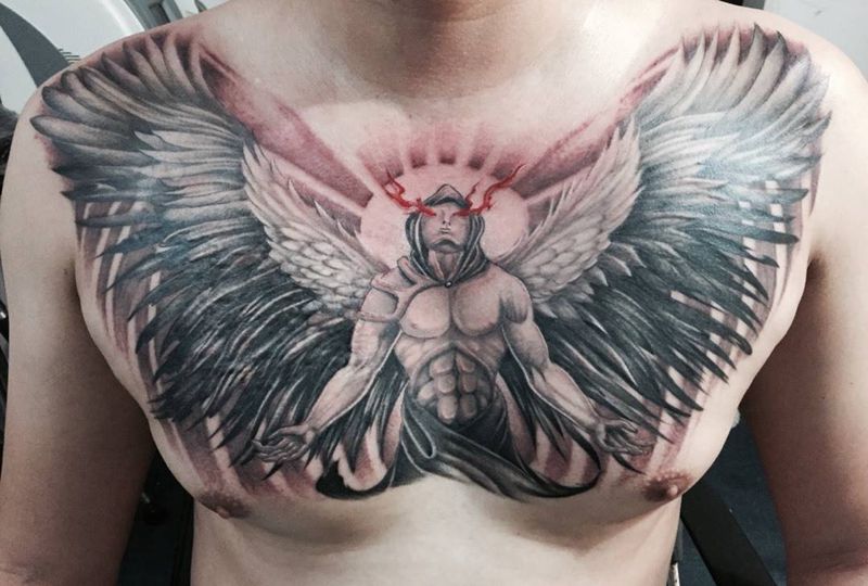 天使纹身图片_成品胸部欧美人物鬼神纹身图案