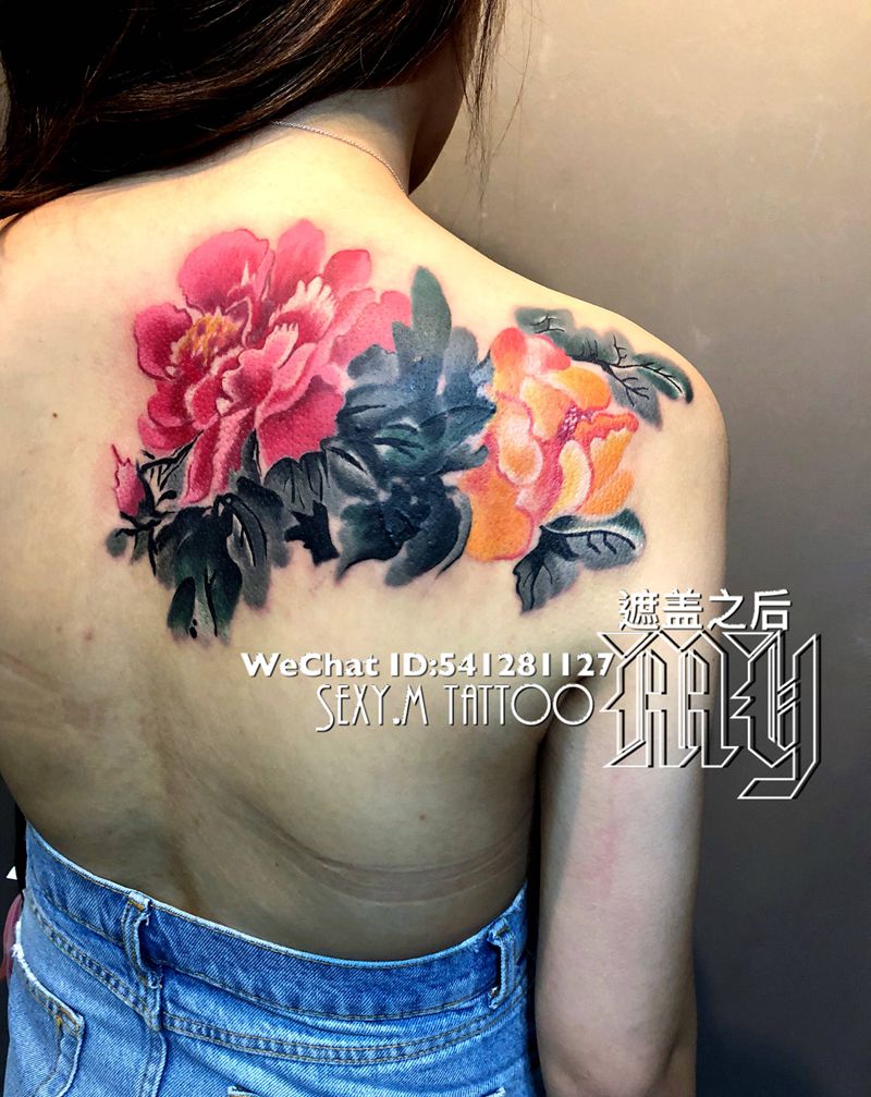 彩墨牡丹花纹身图片_成品肩部原创清新纹身图案