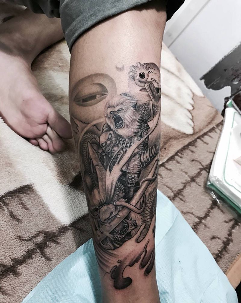 悟空纹身图片_成品腿部传统鬼神人物纹身图案