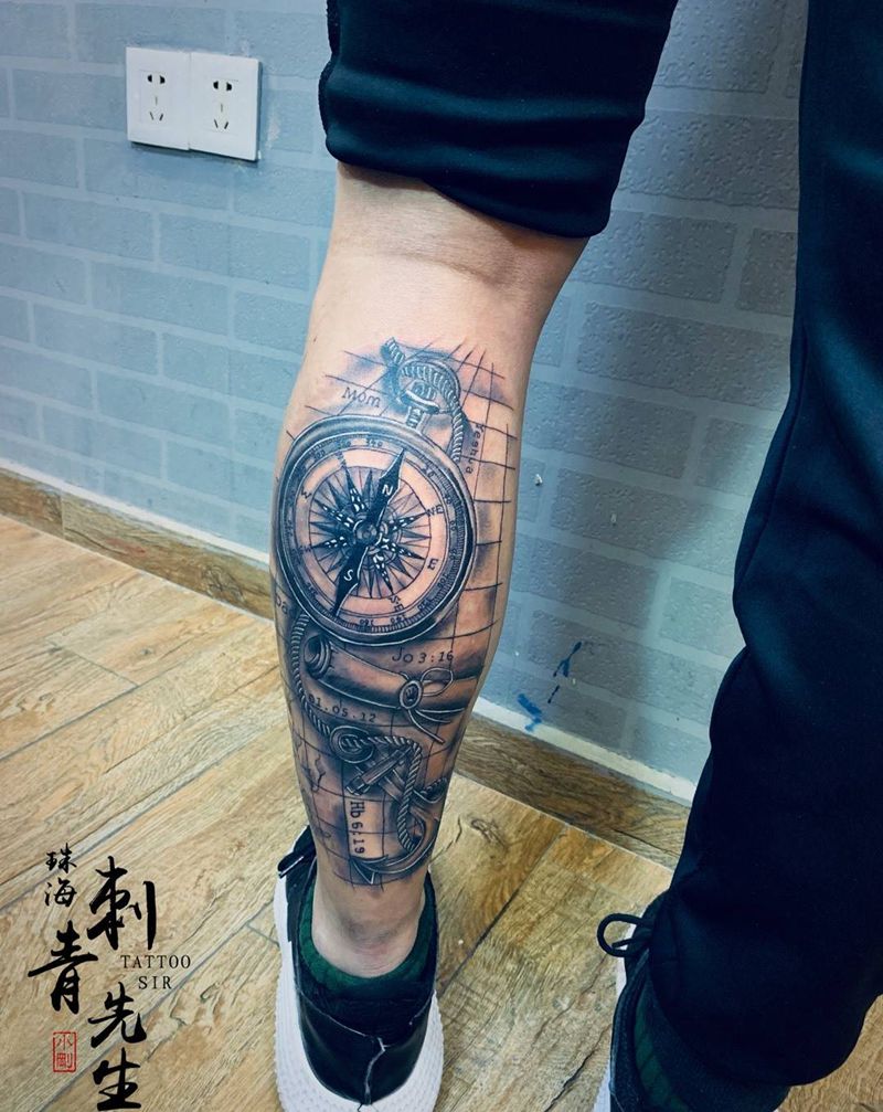 （航海图）纹身图片_腿部欧美写实纹身图案