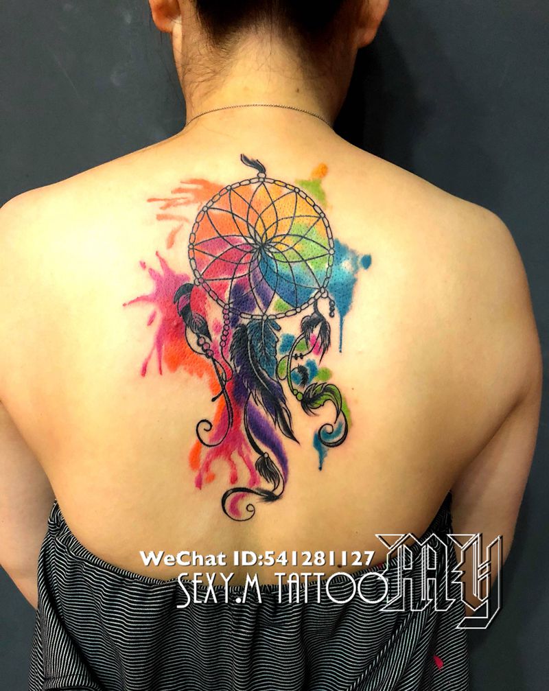 水彩捕梦网风格纹身图片_成品背部欧美清新原创纹身图案