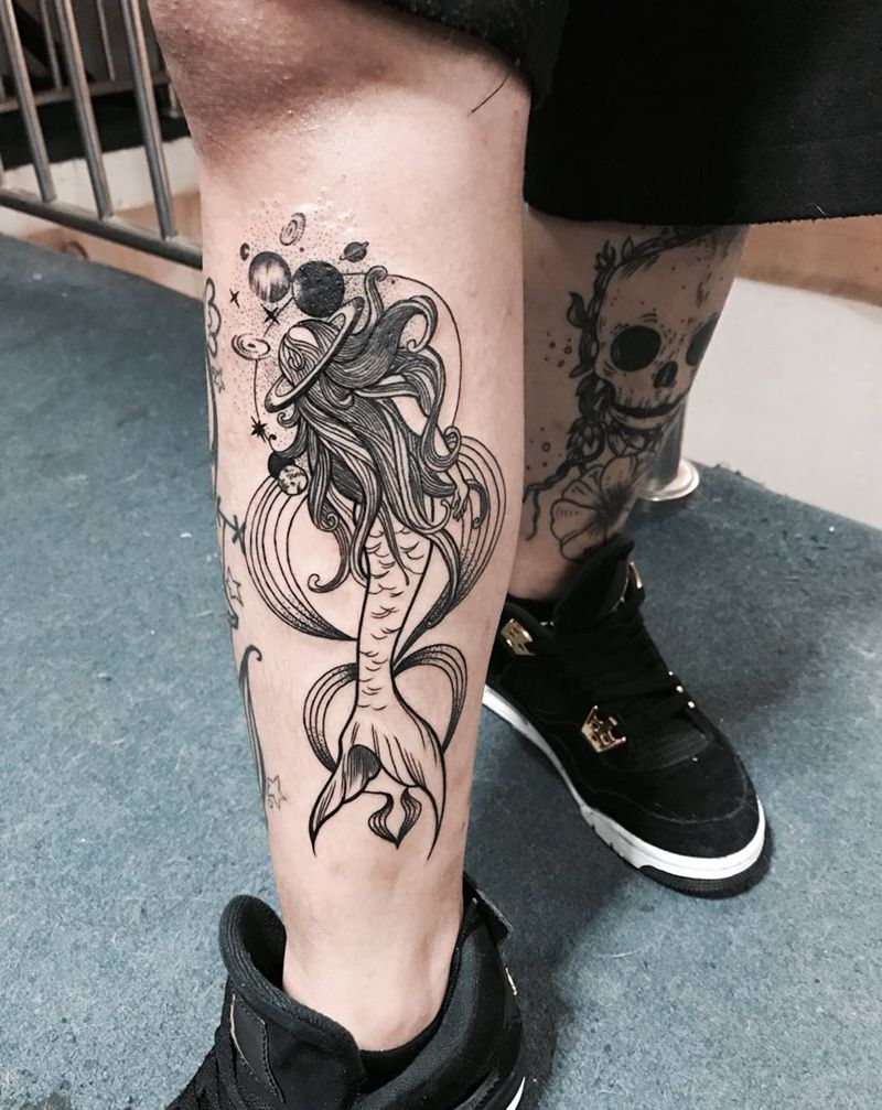 点与线美人鱼纹身图片_成品脚部欧美清新鬼神动物人物纹身图案