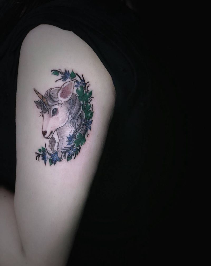 独角兽纹身图片_成品手臂传统清新动物鬼神独角兽纹身图案