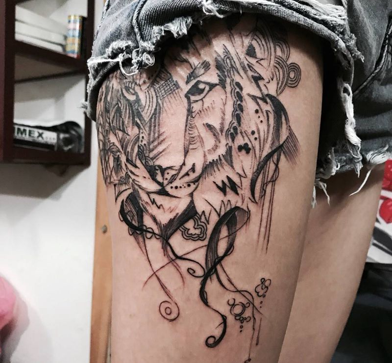 虎纹身图片_成品腿部欧美清新动物纹身图案